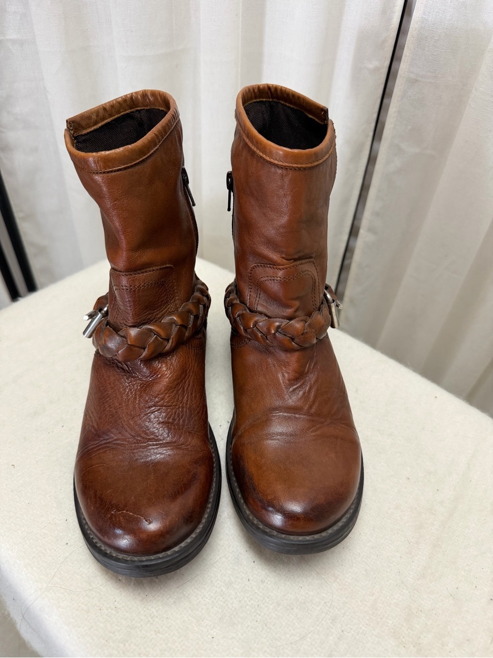 Steve Madden Brown Braided Leather Mid-Calf Heeled Boots